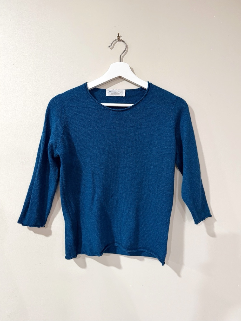 Johnstons of Elgin Womens M Teal 100% Cashmere Sweater Rolled Edge Quiet Luxury